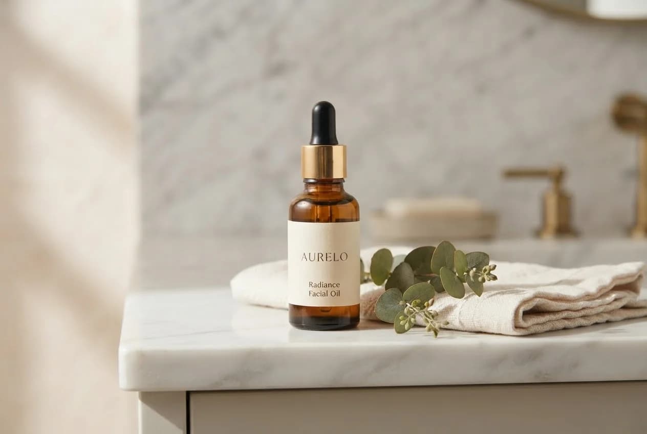 AURELO bottle on a marble bathroom shelf in morning light