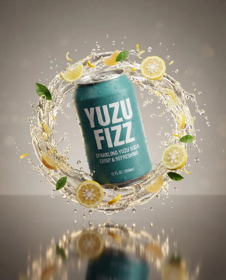 CGI advertisement of a teal soda can with orbiting citrus splash