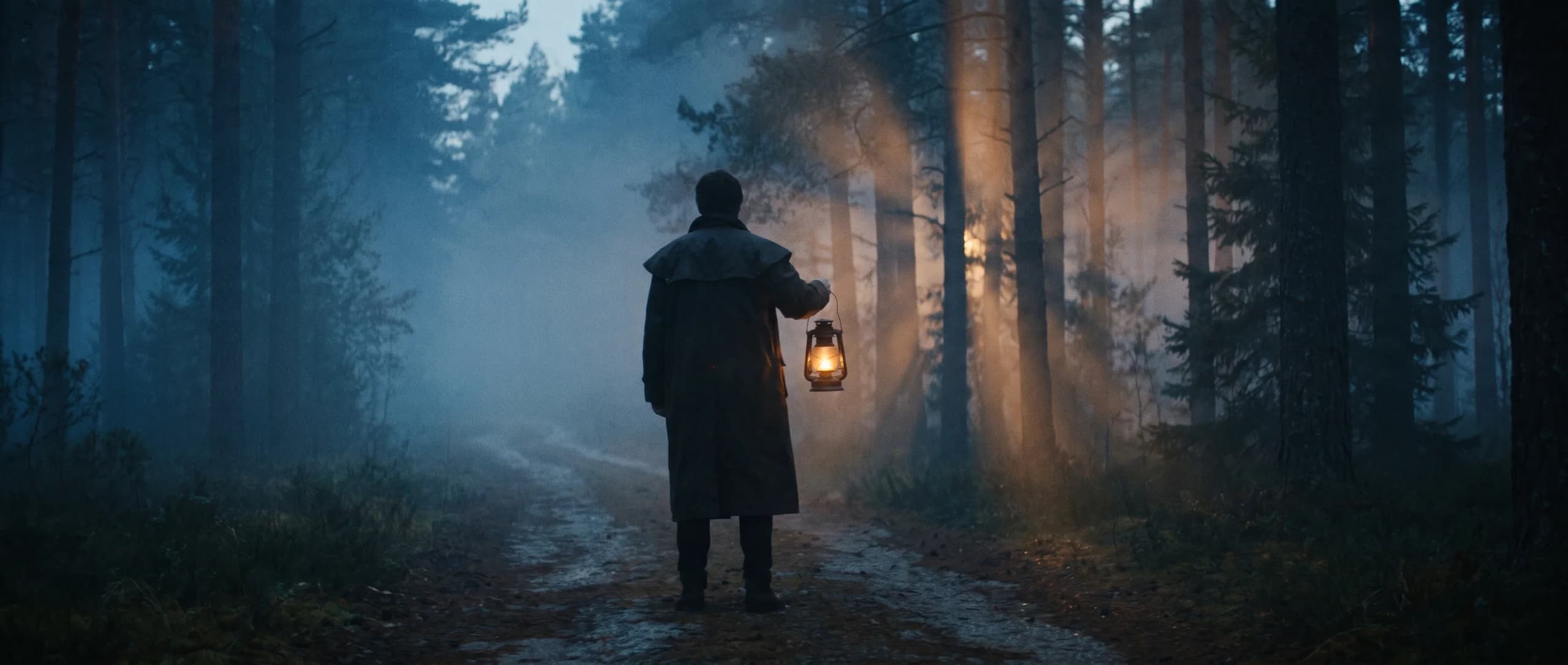 Anamorphic film still of a figure with a lantern in a foggy pine forest