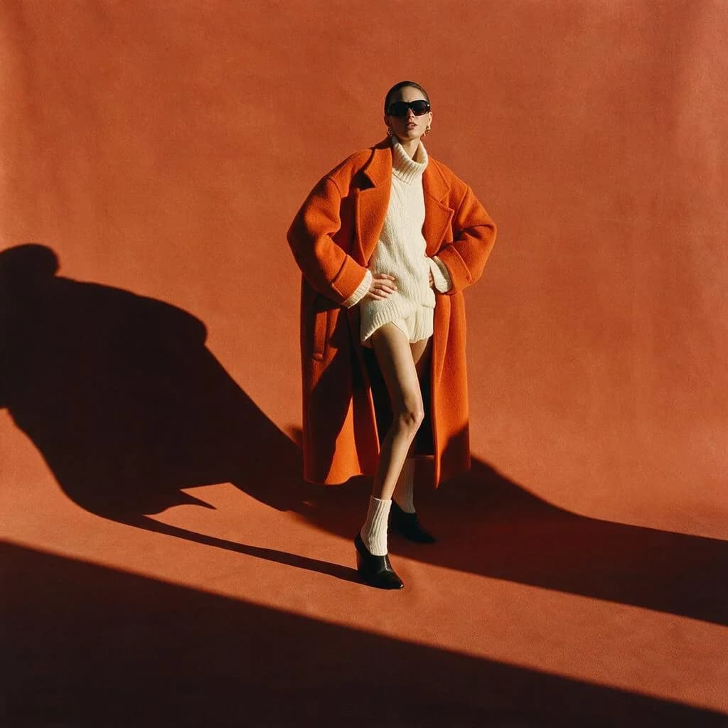 Editorial fashion photo of a model in a burnt-orange coat against terracotta