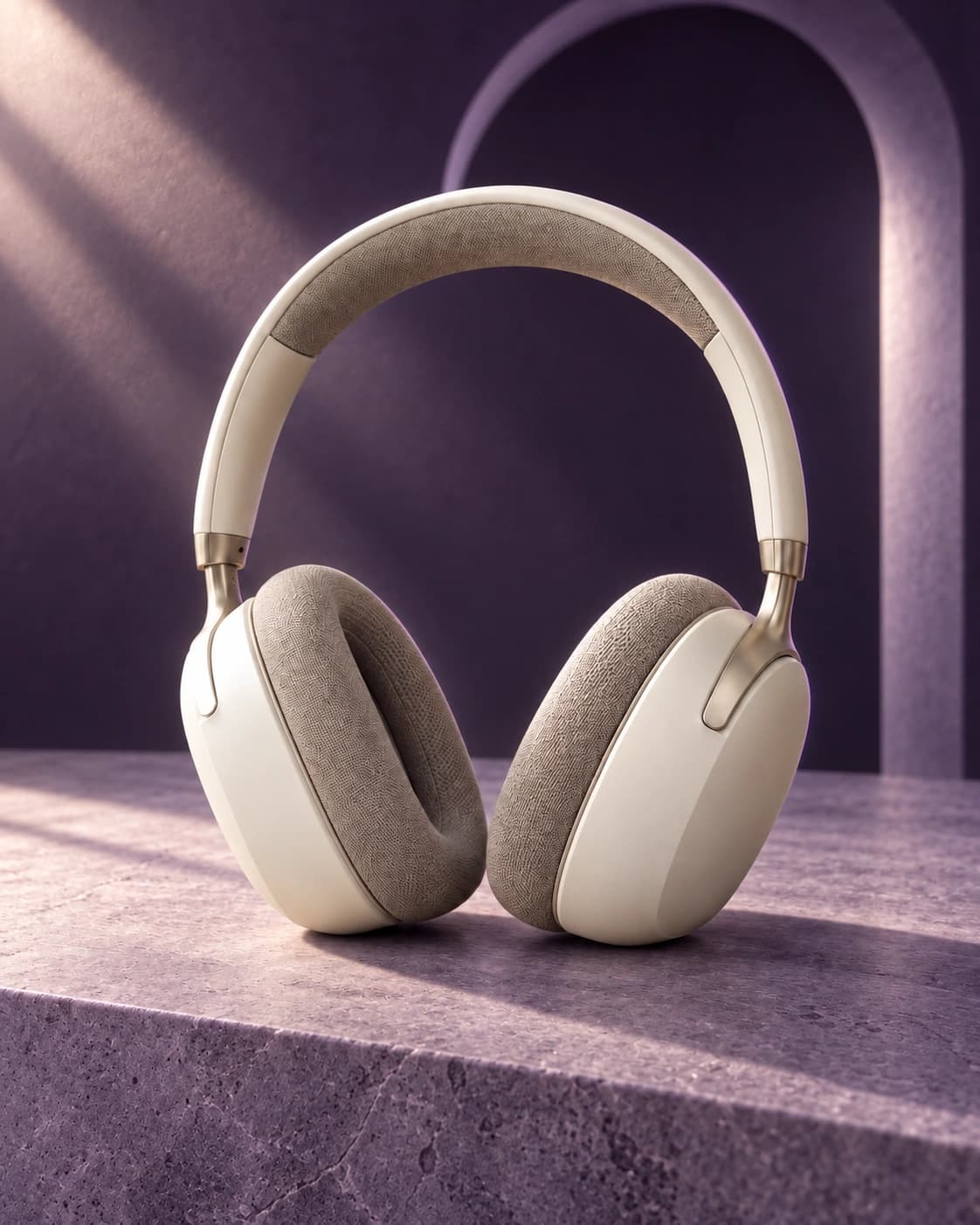 The same ivory headphones on lavender stone with a violet arch and dramatic studio lighting