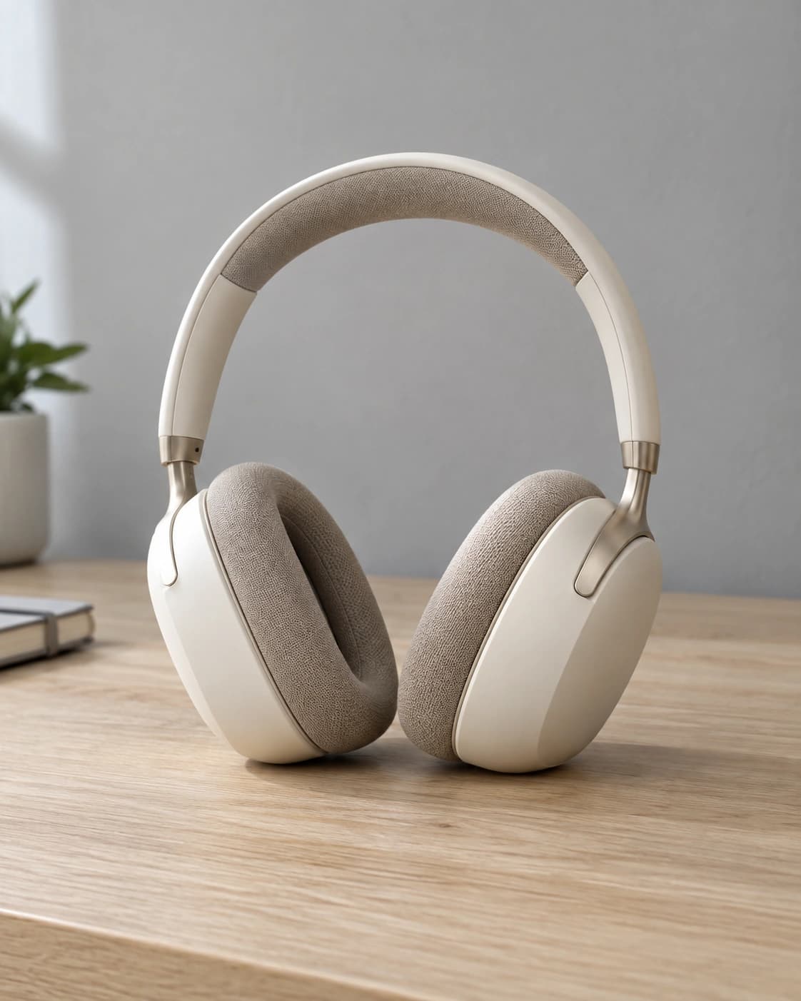 Ivory over-ear headphones with taupe cushions on a pale oak desk in natural window light