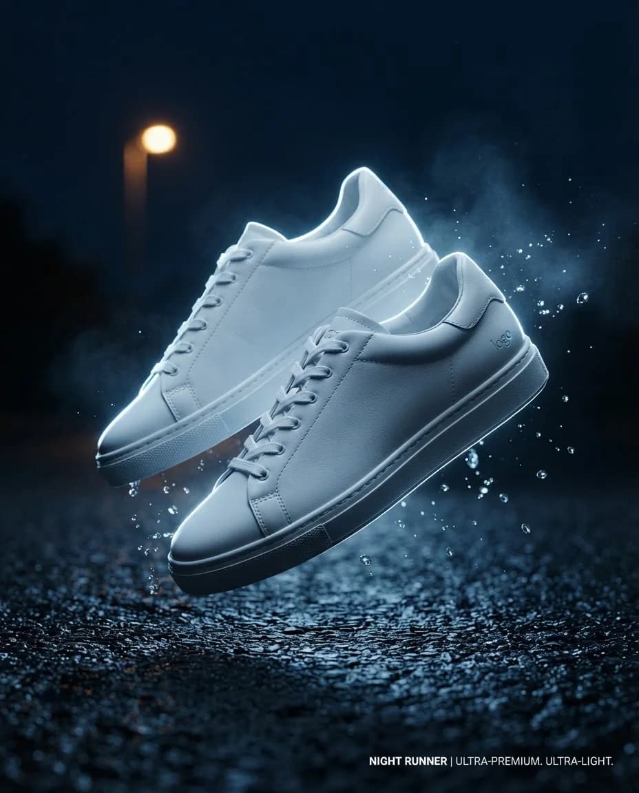 Cinematic night commercial of the same white sneakers floating over wet asphalt